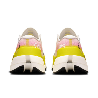 Back view of the On Cloudboom Max Lime-Raspberry women’s running shoe 