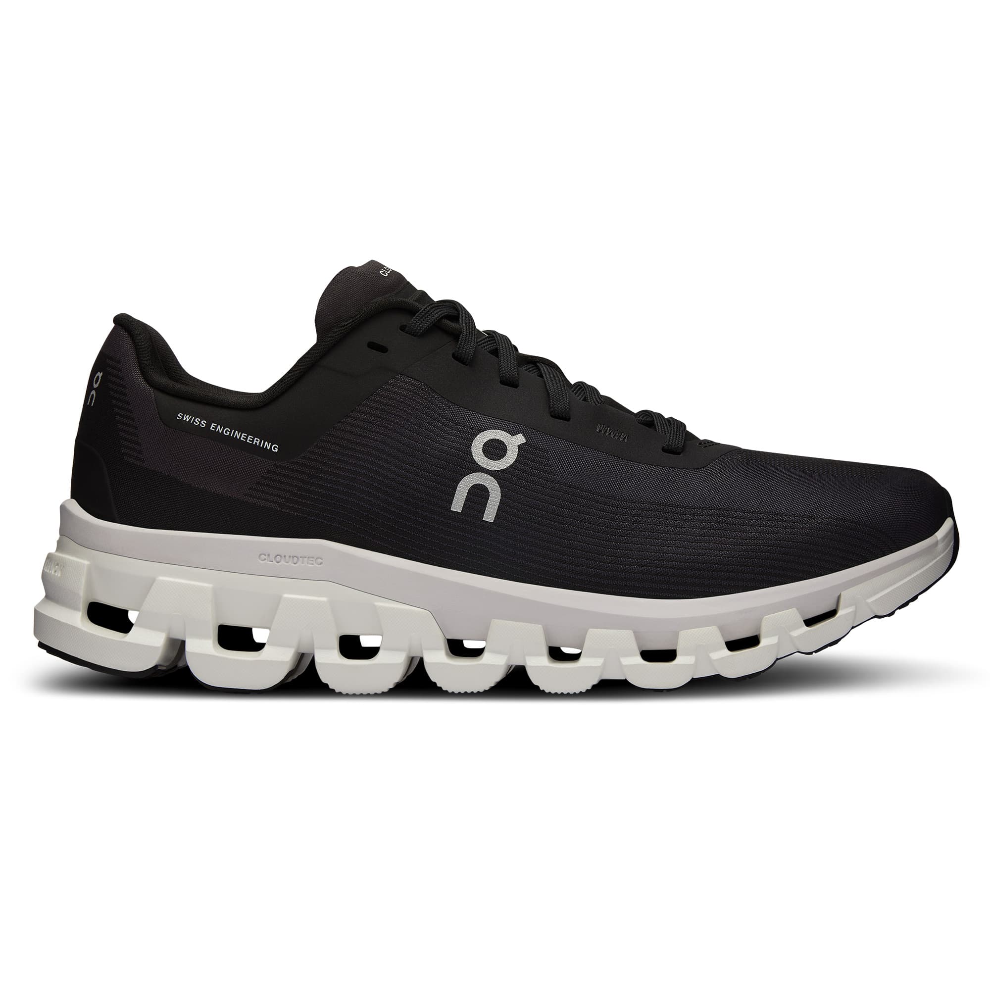 Right side view of the On Cloudflow 4 Black-White women’s running shoe 