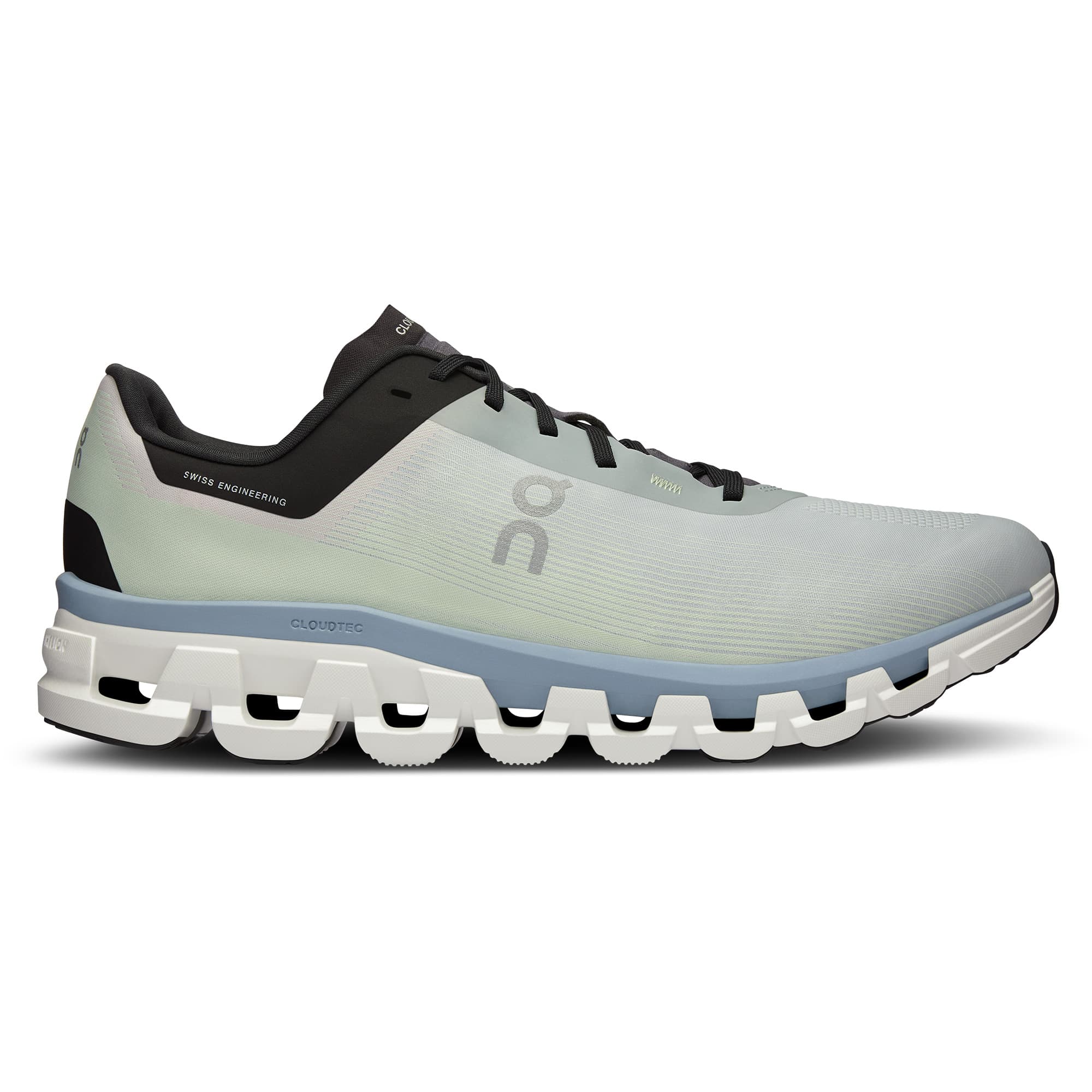 Right side view of the On Cloudflow 4 Glacier-Chambray men’s running shoe #color_glacier-chambray
