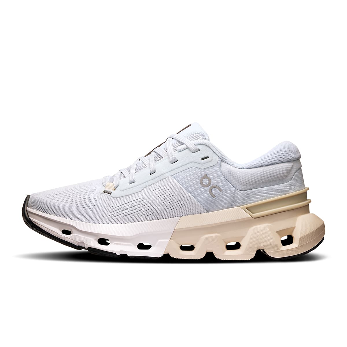 Left side view of the On Cloudflyer 5 Arctic-Cream women’s running shoe #color_arctic-cream