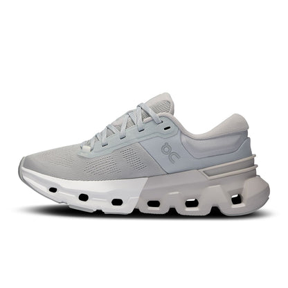 Left side view of the On Cloudflyer 5 Glacier-Wolf women’s running shoe 