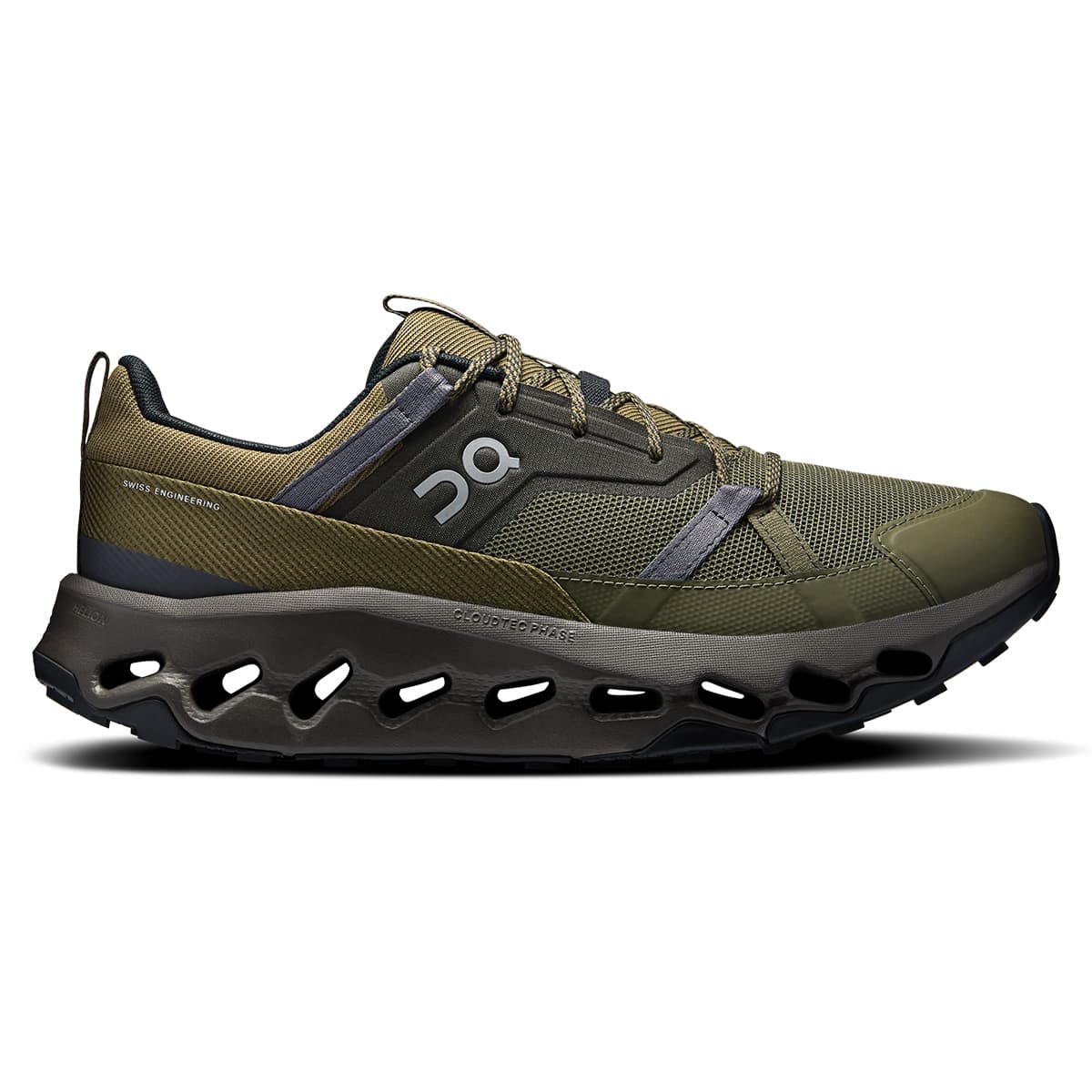 Right side view of the On Cloudhorizon Olive-Thorn men’s running shoe #color_olive-thorn