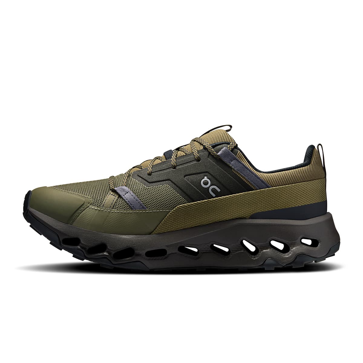 Left side view of the On Cloudhorizon Olive-Thorn men’s running shoe #color_olive-thorn
