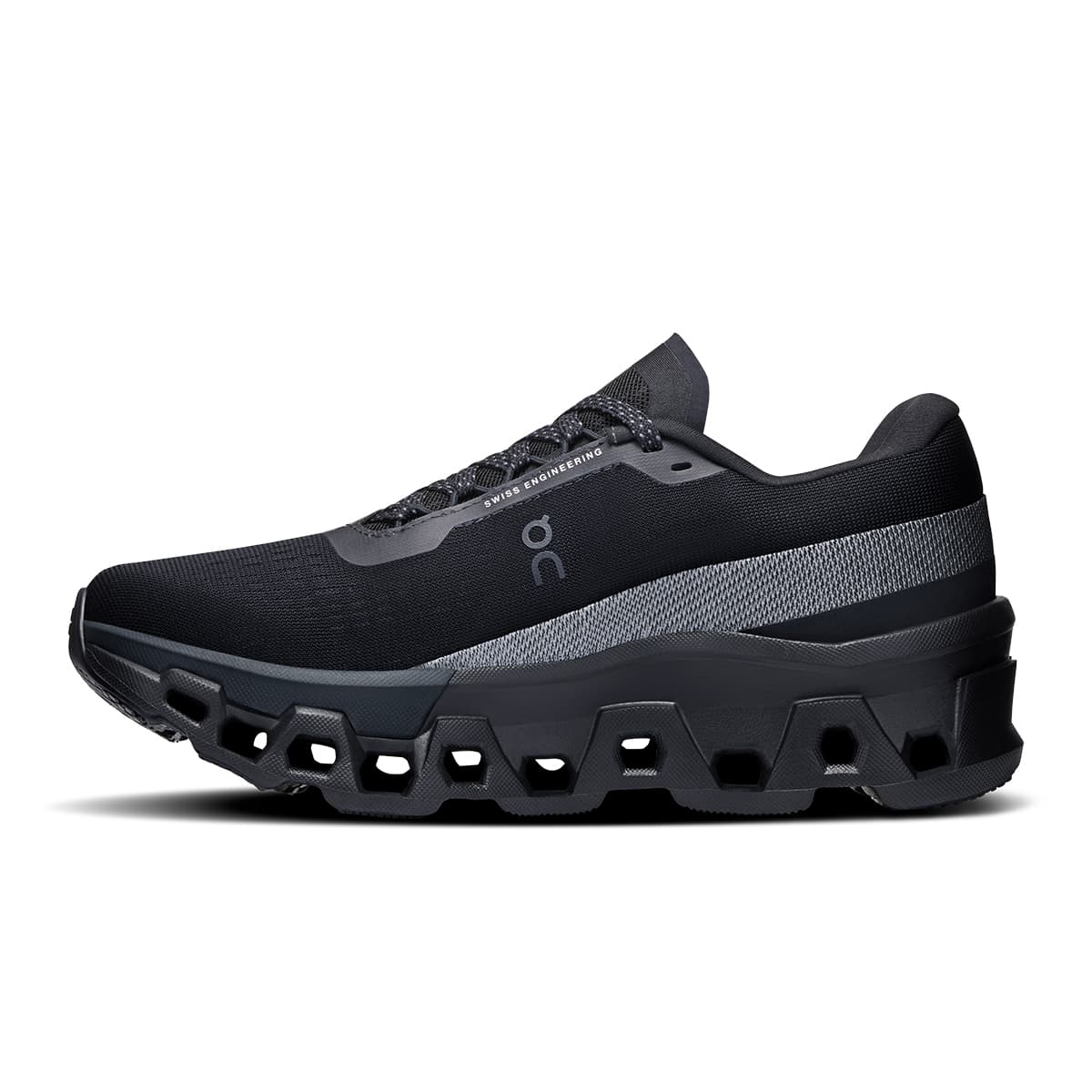 Left side view of the On Cloudmonster 2 Black Eclipse women’s running shoe 