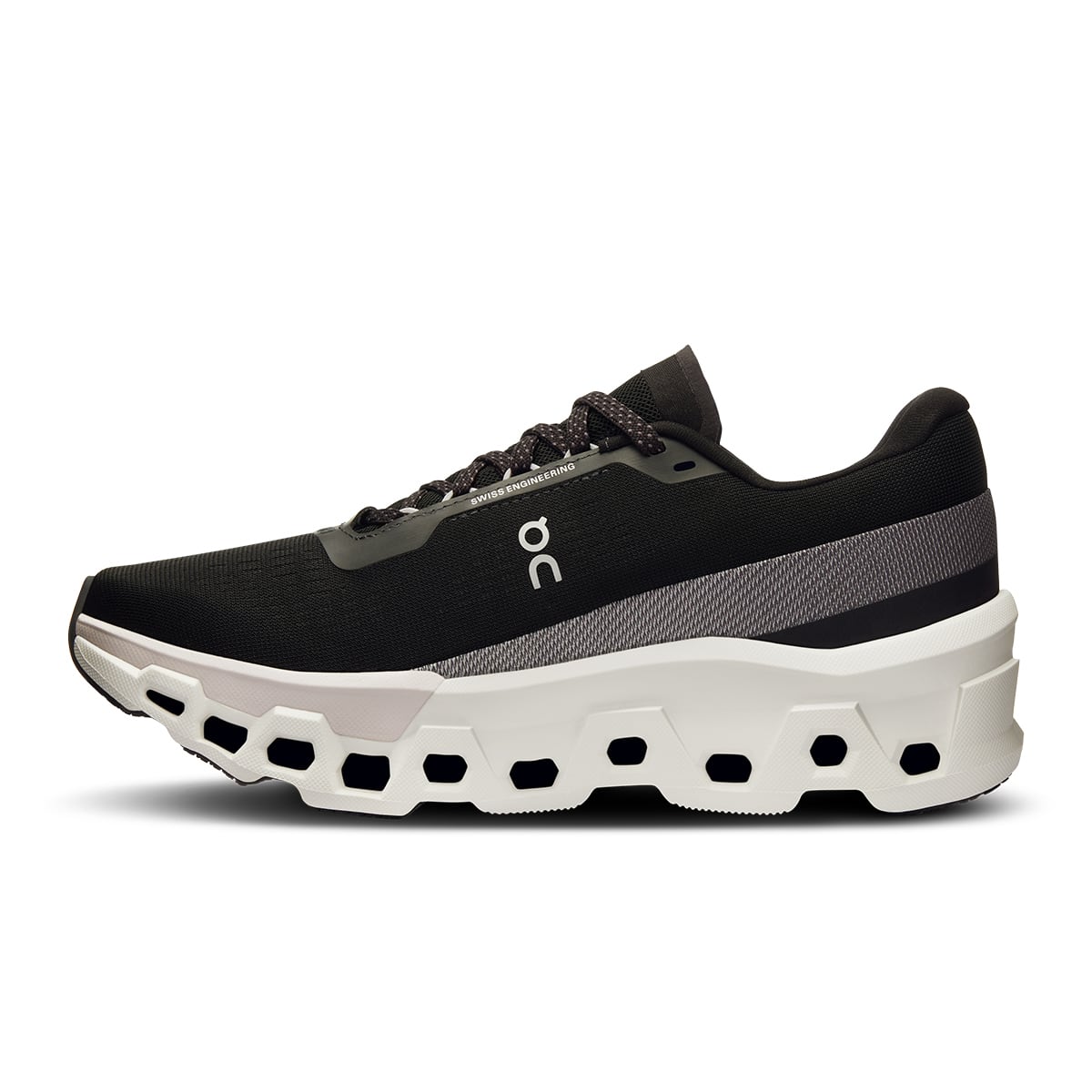 Left side view of the On Cloudmonster 2 Black Frost women’s running shoe 