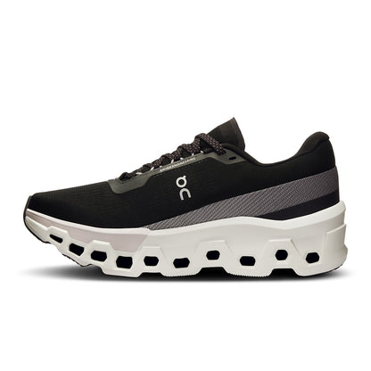 Left side view of the On Cloudmonster 2 Black Frost women’s running shoe 