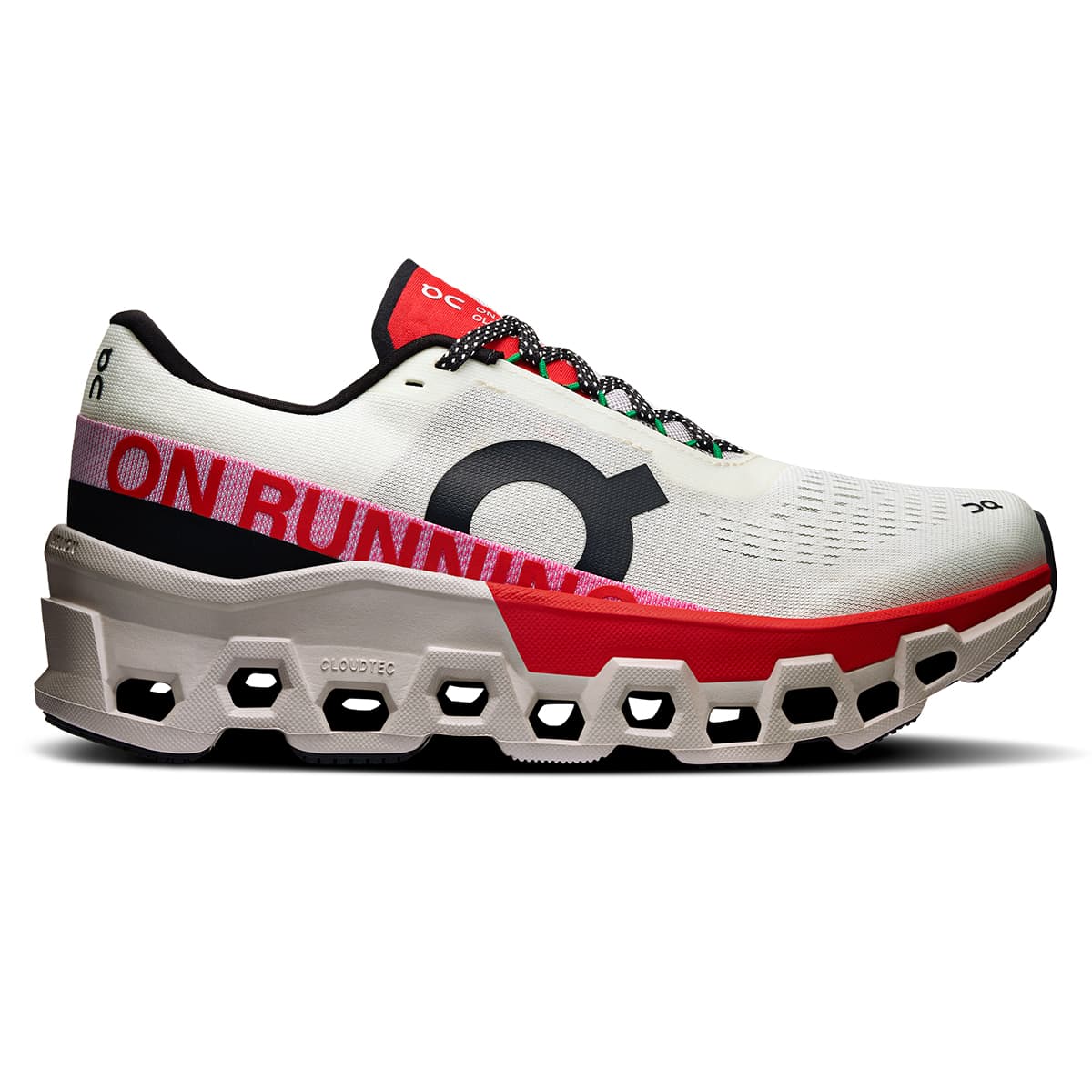 Right side view of the On Cloudmonster 2 Ivory-Red women’s running shoe 