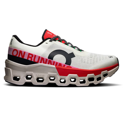 Right side view of the On Cloudmonster 2 Ivory-Red women’s running shoe 