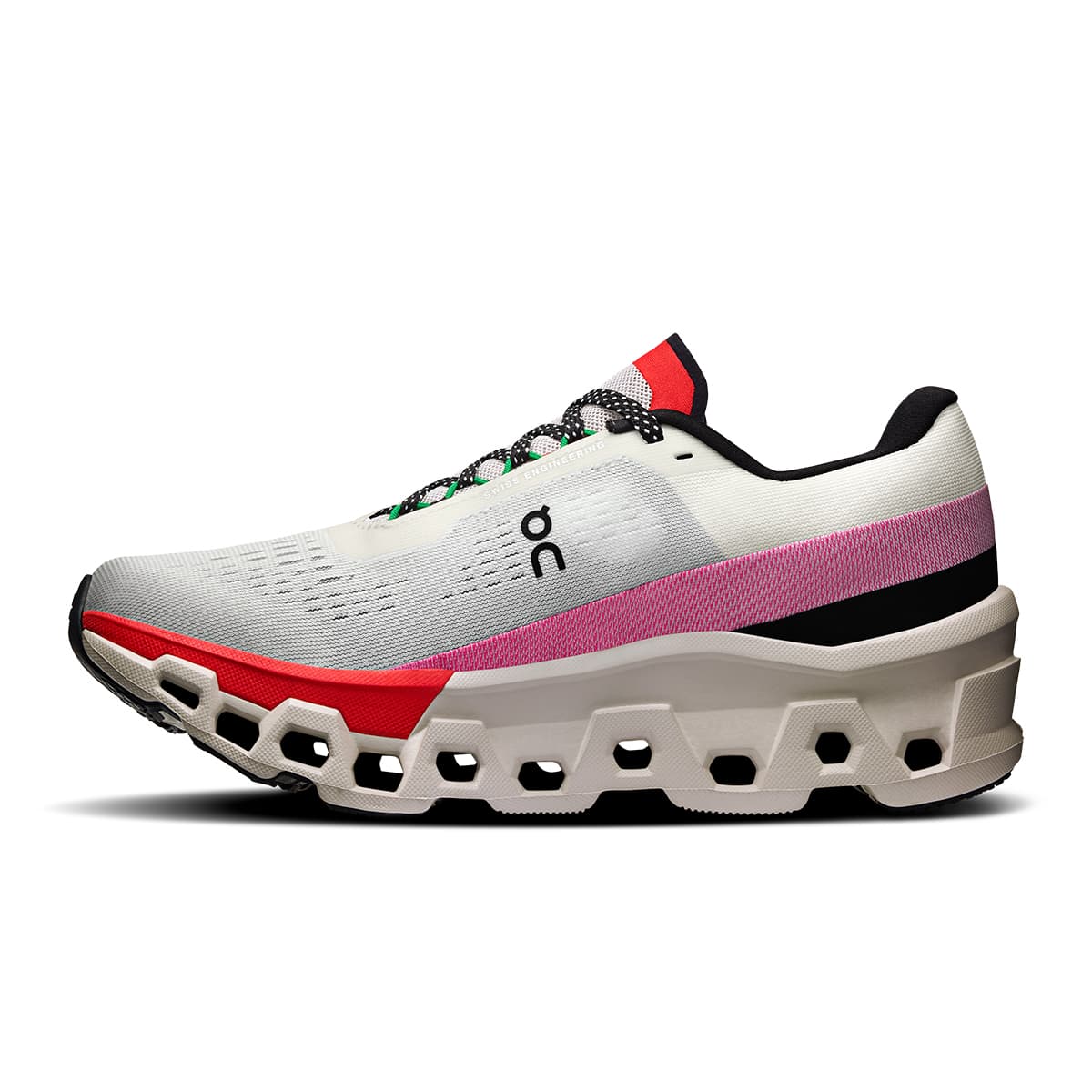 Left side view of the On Cloudmonster 2 Ivory-Red women’s running shoe 