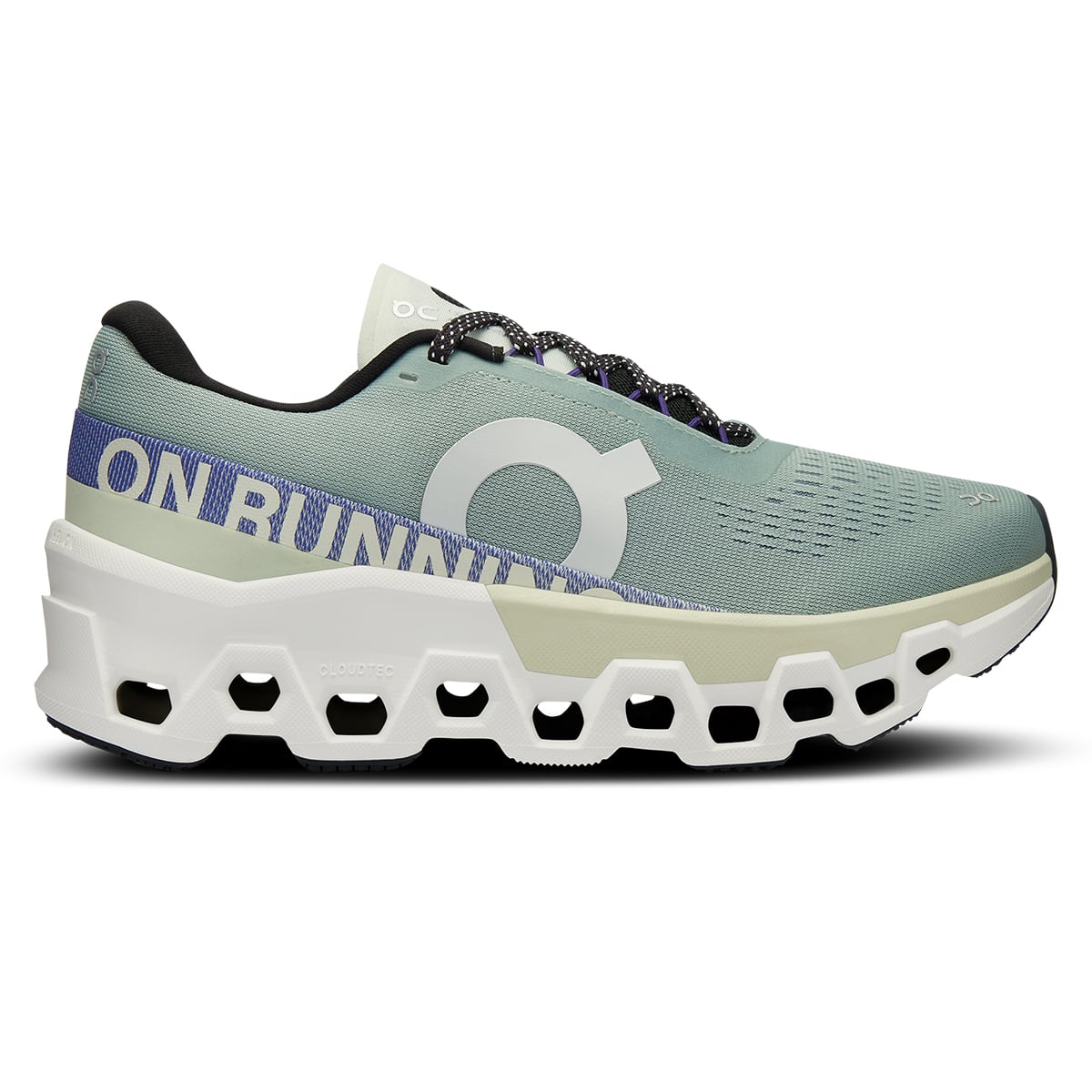 Right side view of the On Cloudmonster 2 Mineral Aloe women’s running shoe 