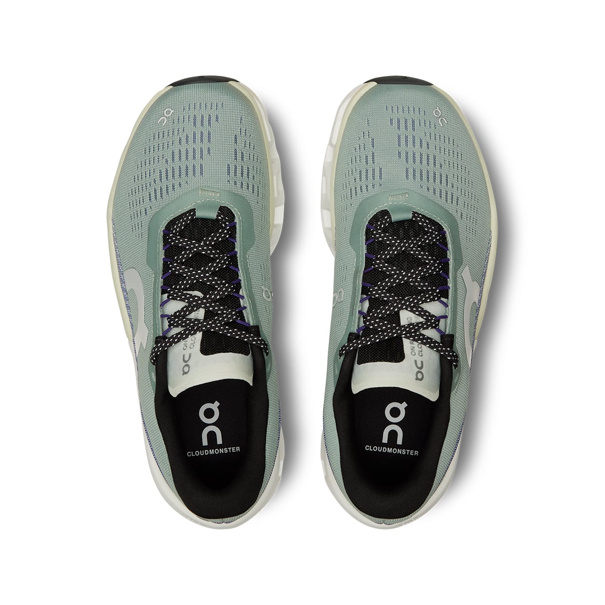 Top view of the On Cloudmonster 2 Mineral Aloe women’s running shoes 
