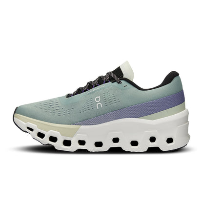 Left side view of the On Cloudmonster 2 Mineral Aloe women’s running shoe 