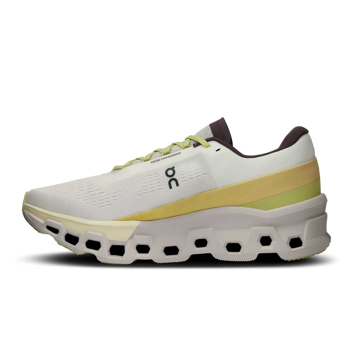 Left side view of the On Cloudmonster 2 Undyed Zest women’s running shoe 
