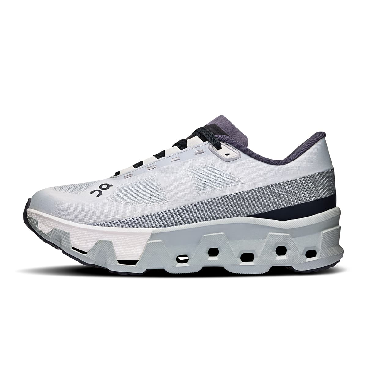 Left side view of the On Cloudmonster Hyper Glacier Ivory women’s running shoe #color_glacier-ivory