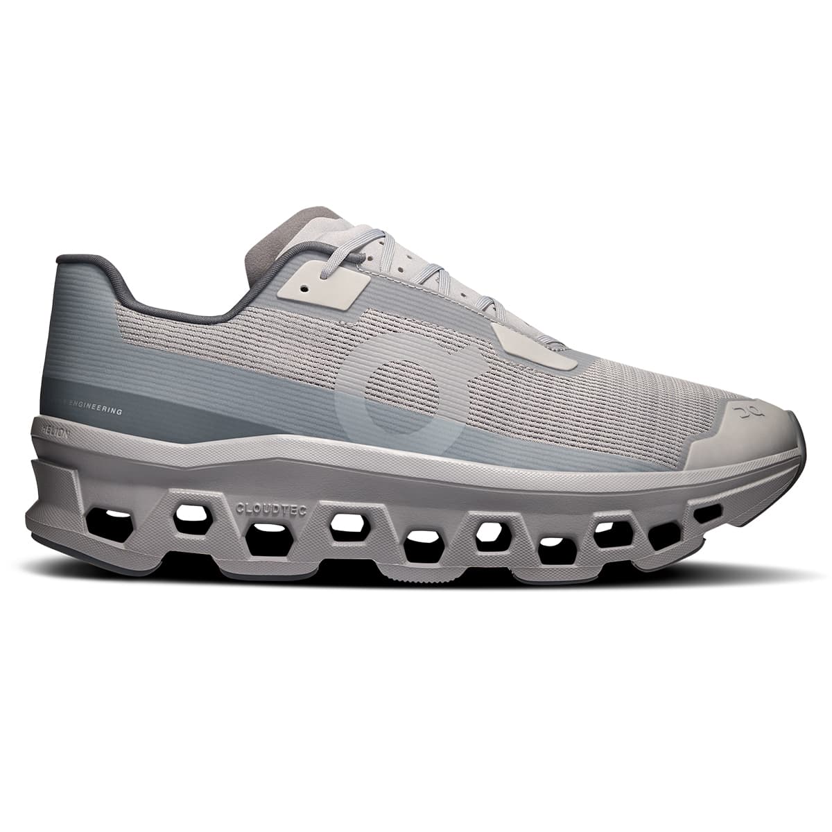 Right side view of the On Cloudmonster Void Alloy Glacier men’s running shoe #color_alloy-glacier