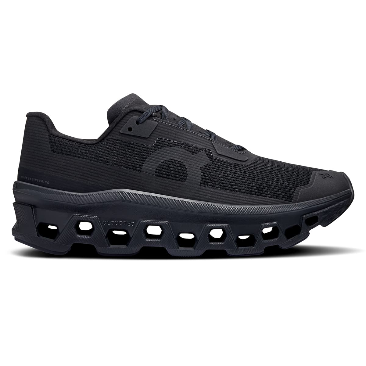Right side view of the On Cloudmonster Void Black-Black women’s running shoe #color_black-black