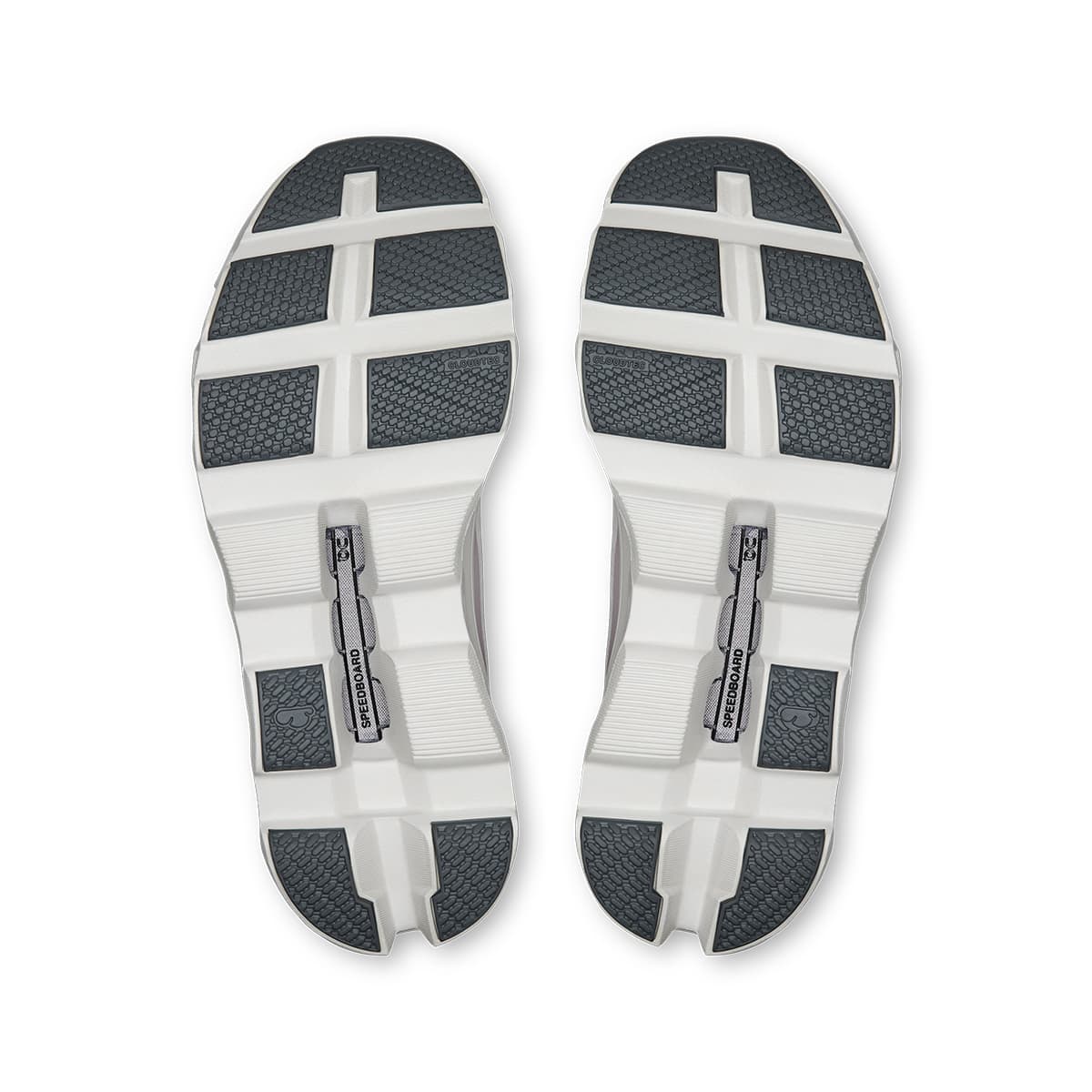 Soles of the On Cloudmonster Void Ivory-Wolf women’s running shoes 