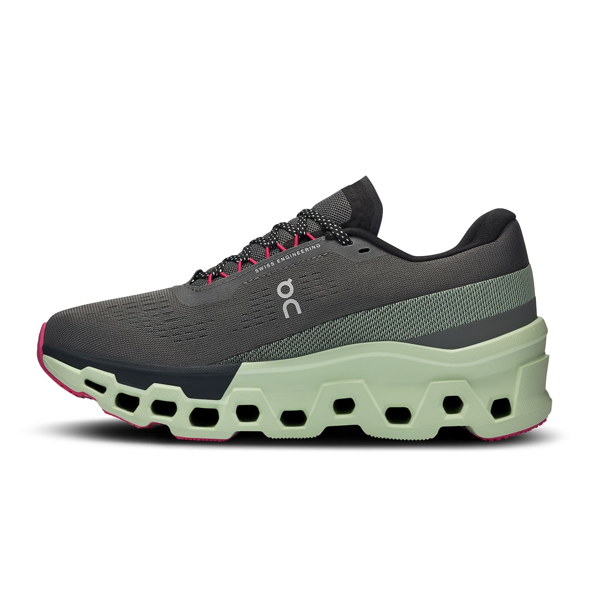 Left side view of the On Cloudmonster Asphalt Lima women’s running shoe #color_asphalt-lima