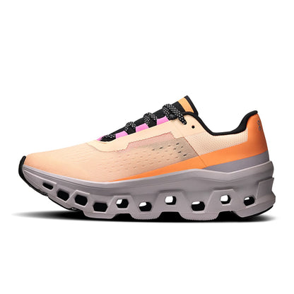 Left side view of the On Cloudmonster Blonde-Fade women’s running shoe 