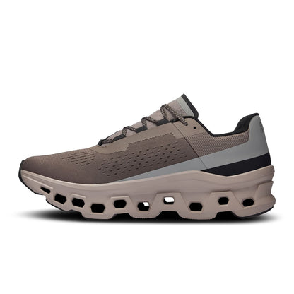 Left side view of the On Cloudmonster Cinder Fog men's running shoe 