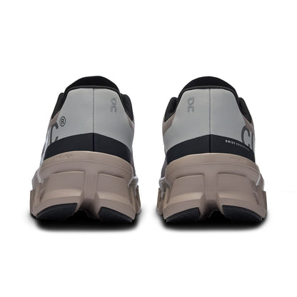 Back view of the On Cloudmonster Cinder Fog men's running shoe 