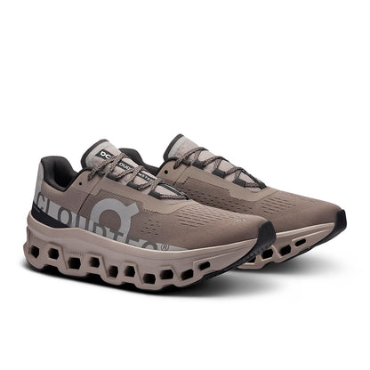 45-degree view of the On Cloudmonster Cinder Fog men's running shoe 