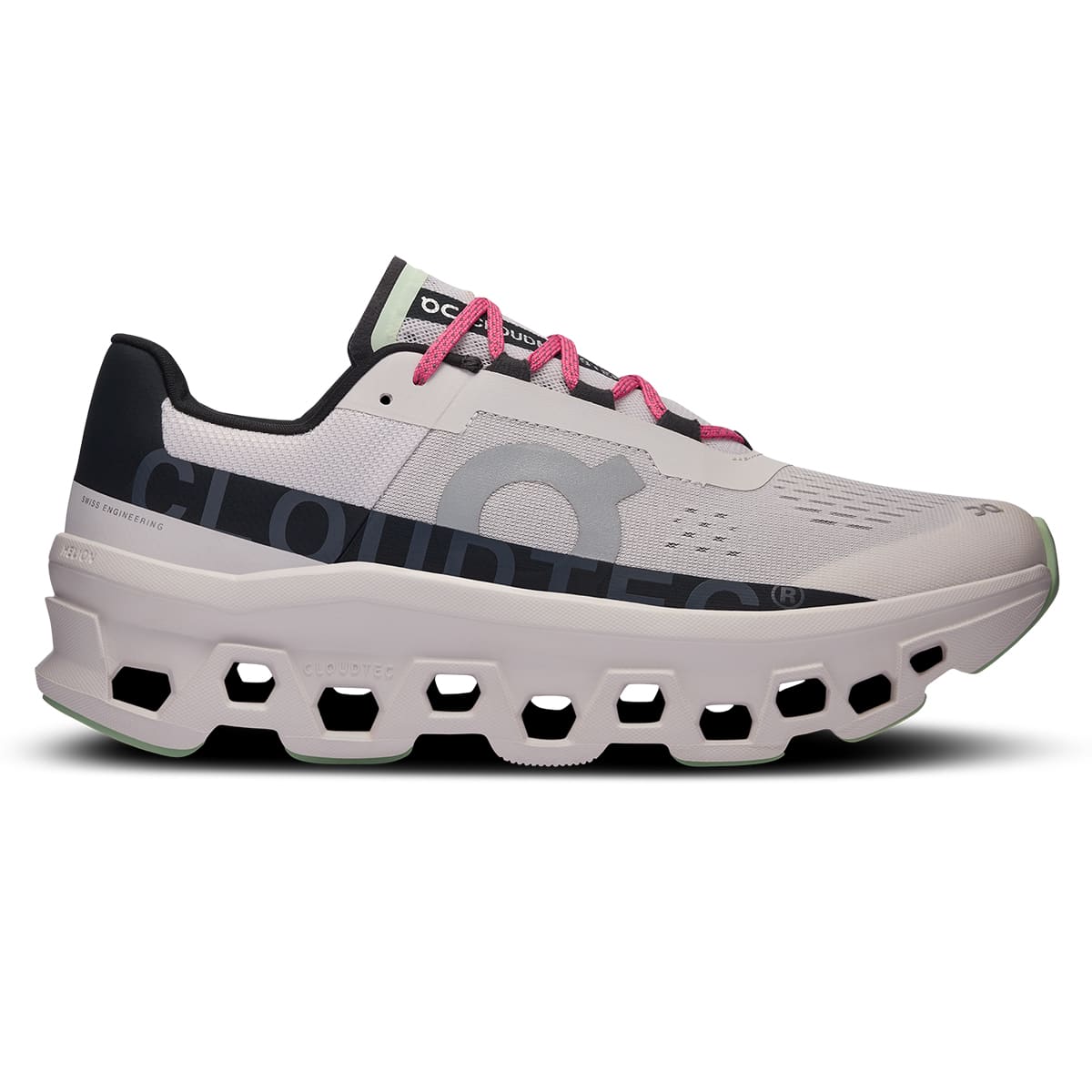 Right side view of the On Cloudmonster Frost Black men's running shoe 