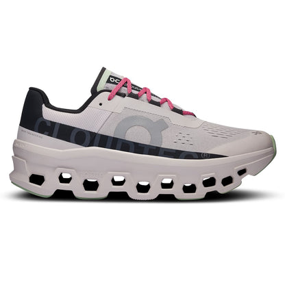 Right side view of the On Cloudmonster Frost Black men's running shoe 