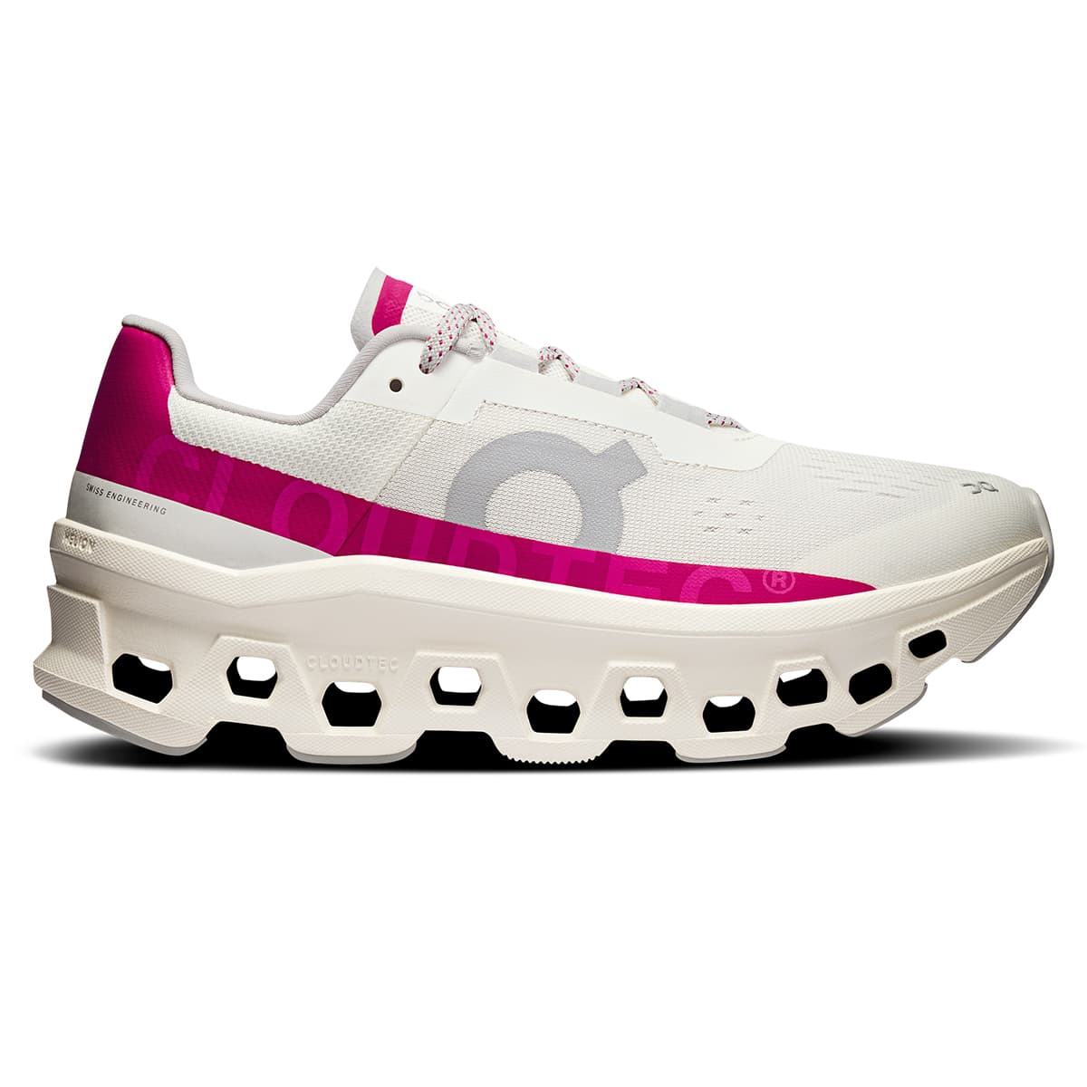 Right side view of the On Cloudmonster Ivory-Grenadine women’s running shoe 