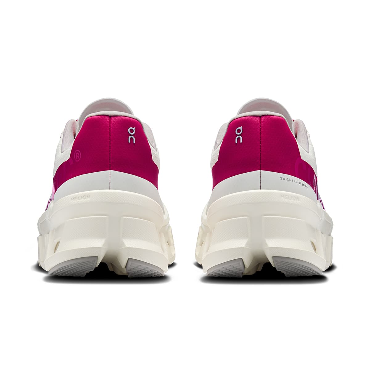 Back view of the On Cloudmonster Ivory-Grenadine women’s running shoe 