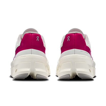 Back view of the On Cloudmonster Ivory-Grenadine women’s running shoe 