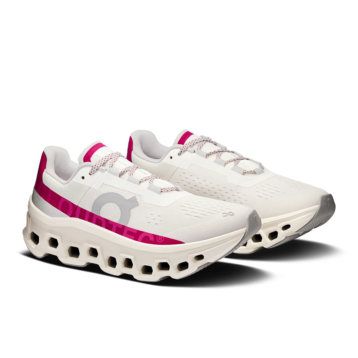 45-degree view of the On Cloudmonster Ivory-Grenadine women’s running shoe 