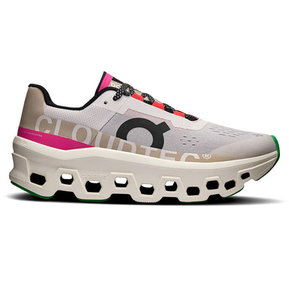 Right side view of the On Cloudmonster Silver-Ivory women’s running shoe 