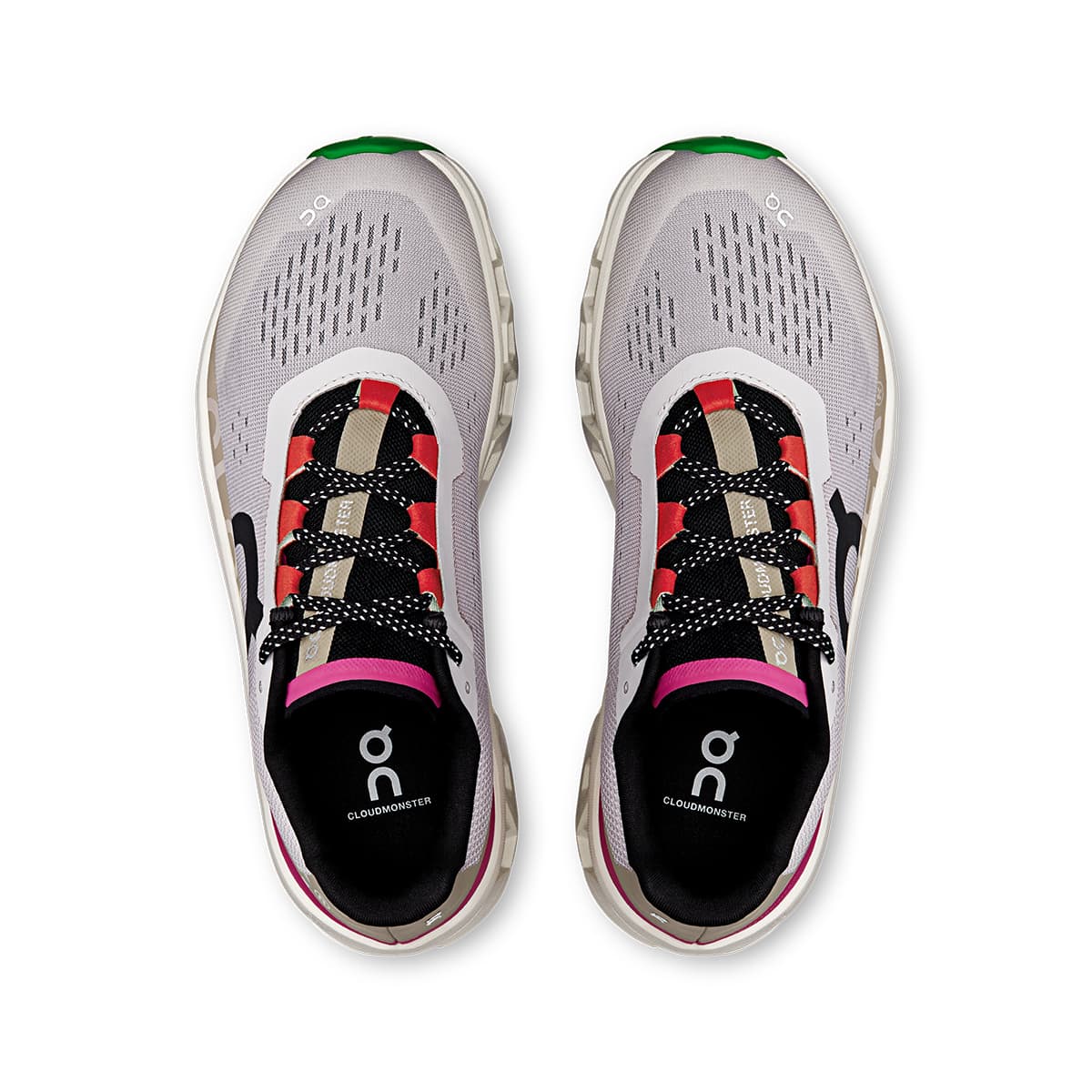 Top view of the On Cloudmonster Silver-Ivory women’s running shoes 