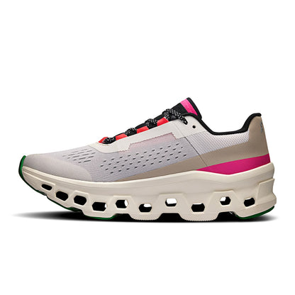 Left side view of the On Cloudmonster Silver-Ivory women’s running shoe 
