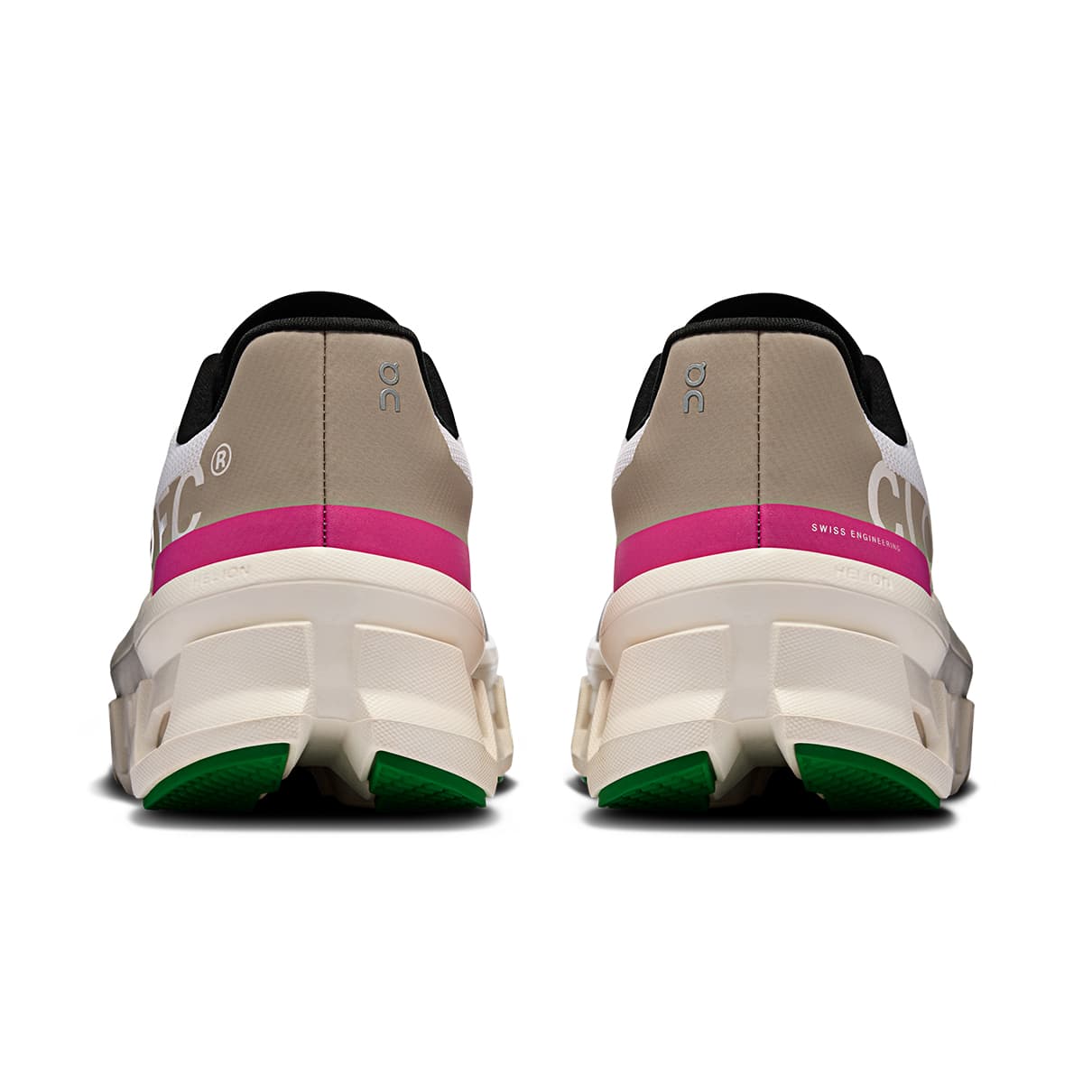 Back view of the On Cloudmonster Silver-Ivory women’s running shoe 
