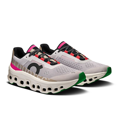 45-degree view of the On Cloudmonster Silver-Ivory women’s running shoe 