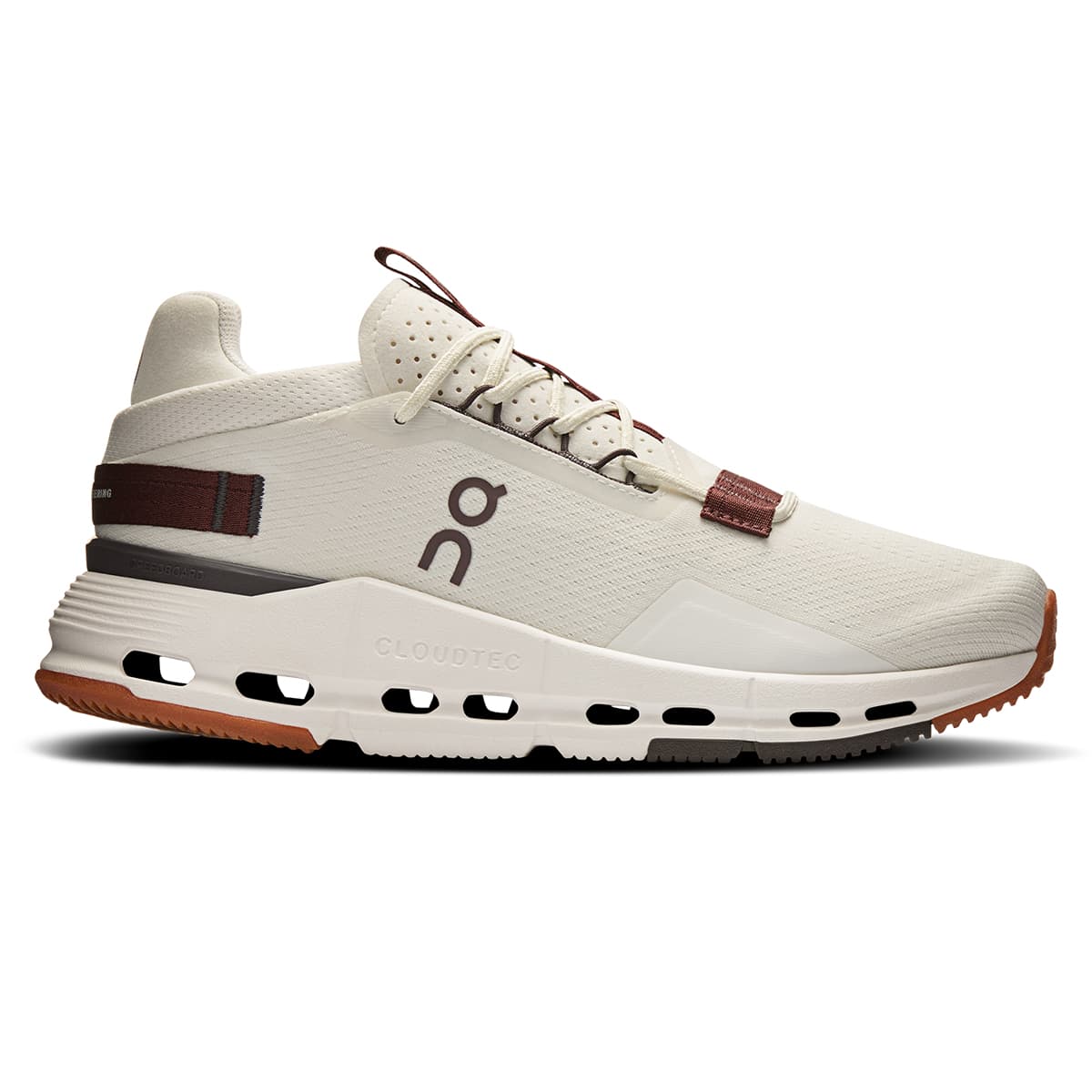 Right side view of the On Cloudnova 2 Ice-Mulberry women’s running shoe 