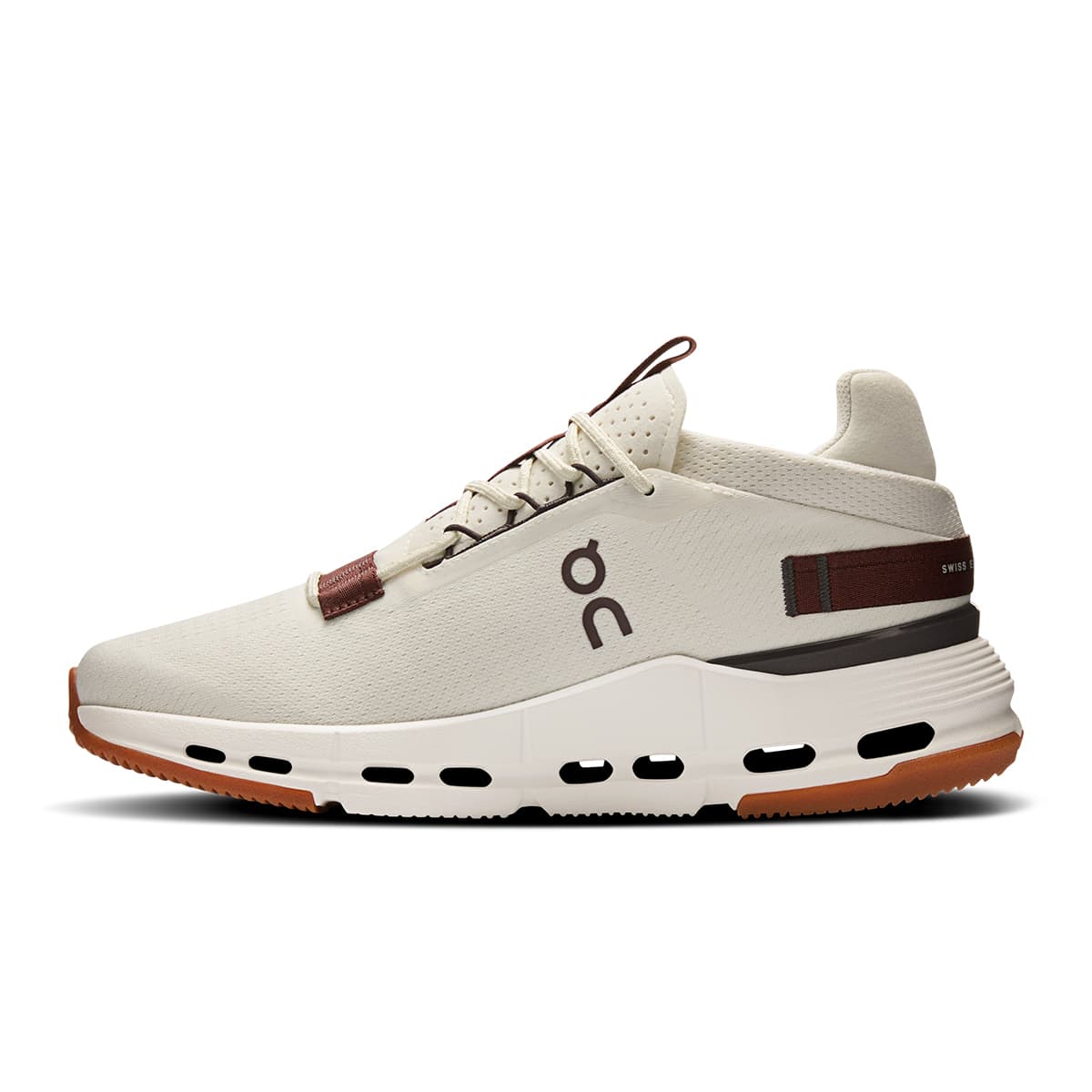 Left side view of the On Cloudnova 2 Ice-Mulberry women’s running shoe 