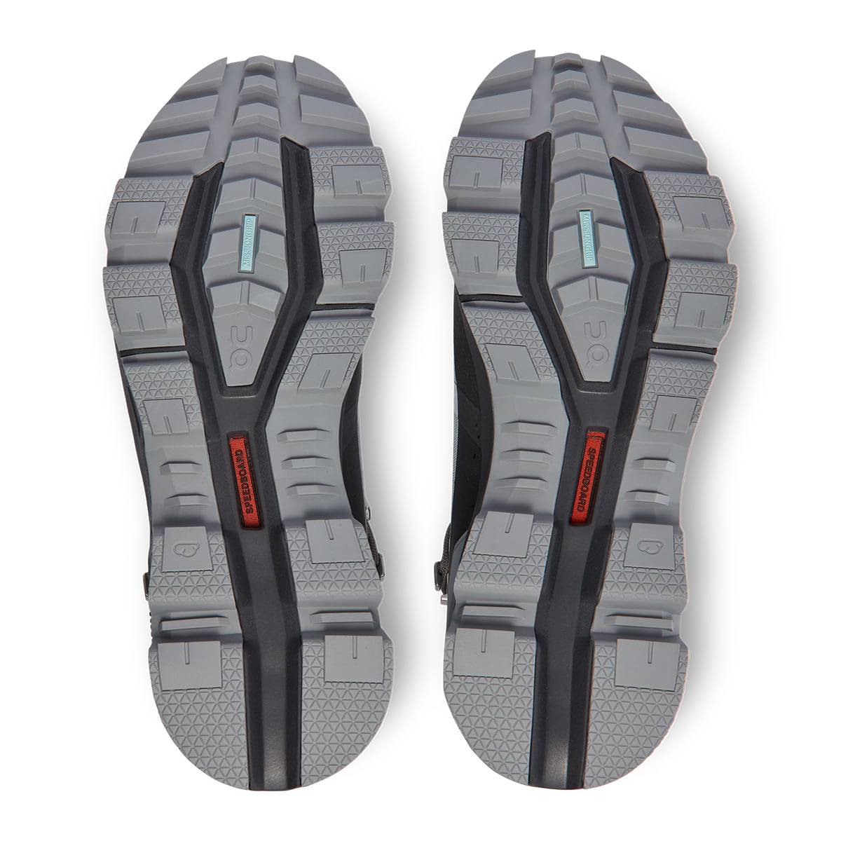 Soles of the On Cloudrock 2 Waterproof Glacier-Eclipse women’s running shoes #color_glacier-eclipse