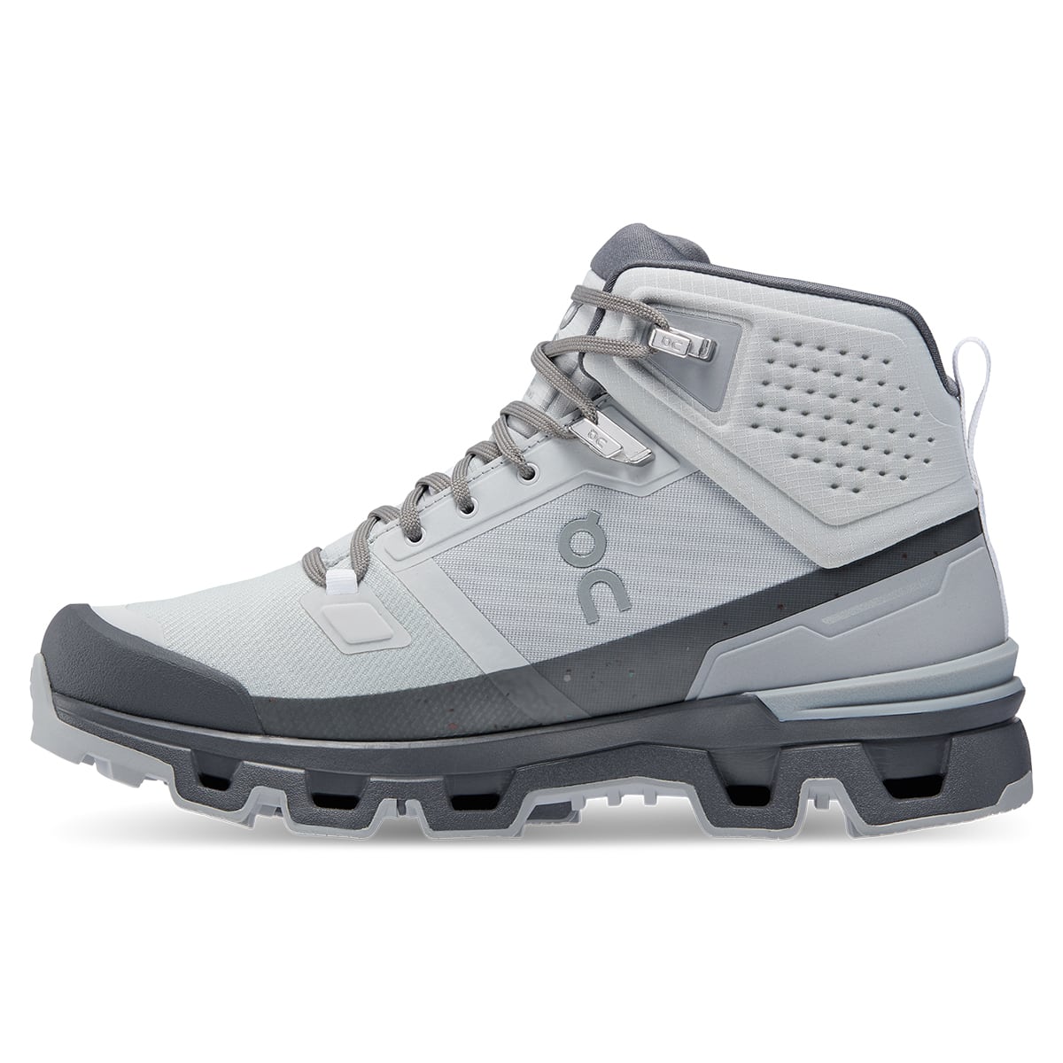 Left side view of the On Cloudrock 2 Waterproof Glacier-Eclipse women’s running shoe #color_glacier-eclipse