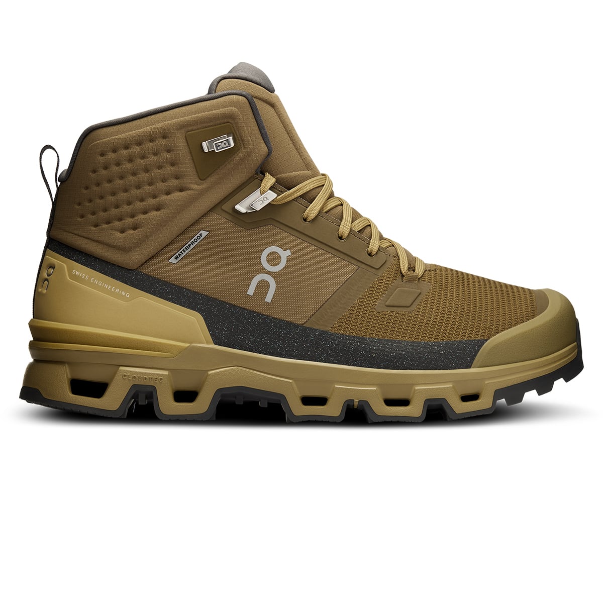 Right side view of the On Cloudrock 2 Waterproof Hunter-Safari men’s running shoe #color_hunter-safari