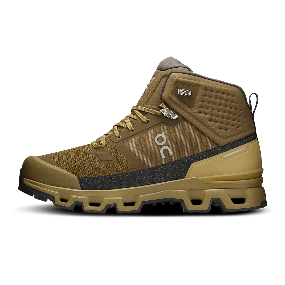 Left side view of the On Cloudrock 2 Waterproof Hunter-Safari men’s running shoe #color_hunter-safari