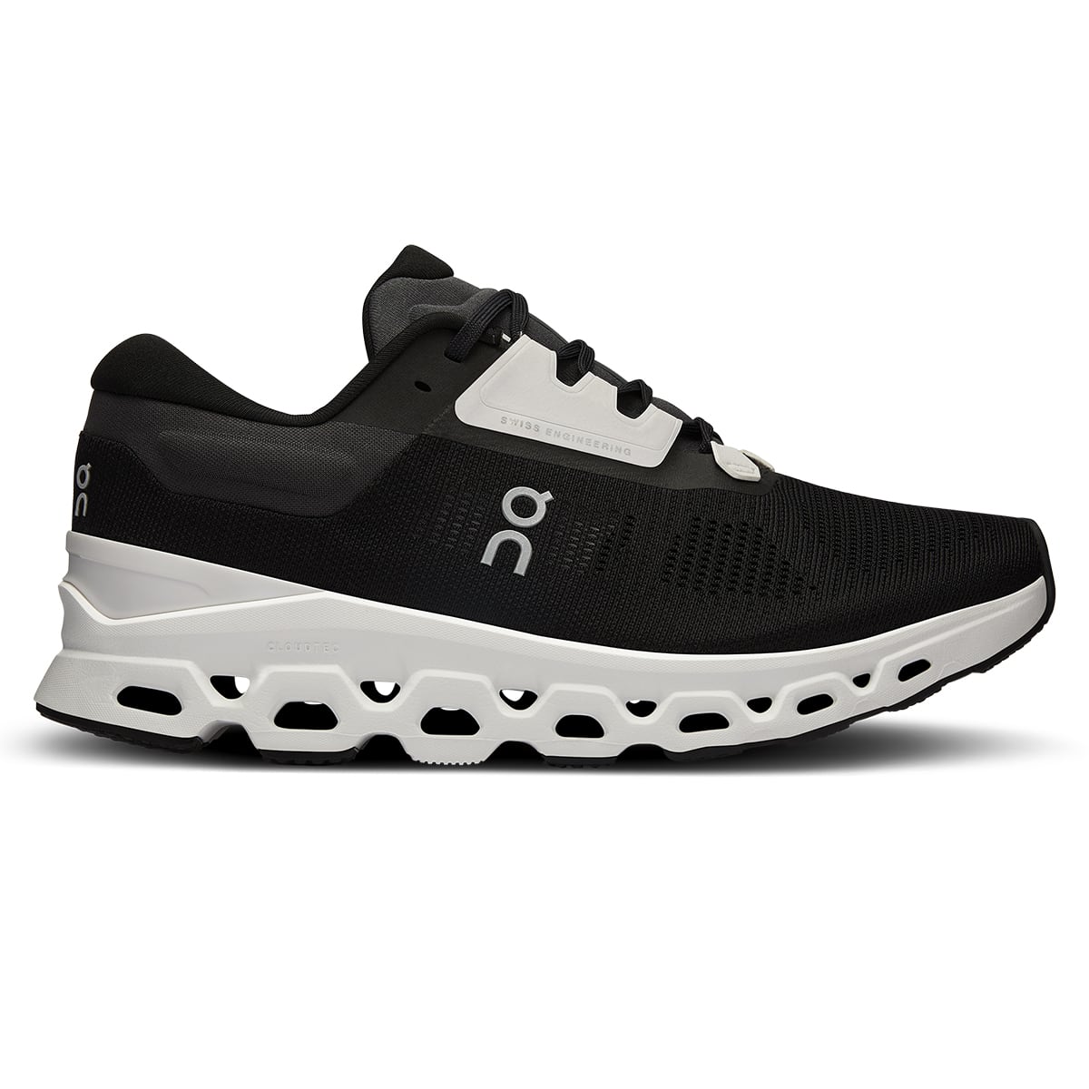 Right side view of the On Cloudstratus 3 Black Frost women’s running shoe 