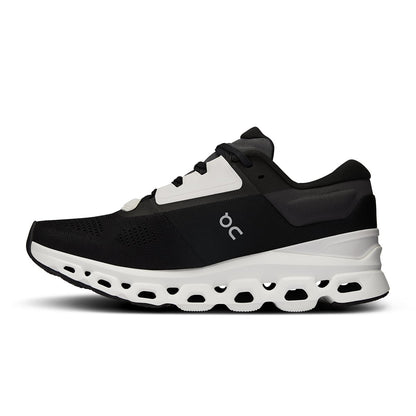 Left side view of the On Cloudstratus 3 Black Frost women’s running shoe 