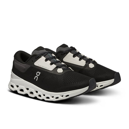 45-degree view of the On Cloudstratus 3 Black Frost women’s running shoe 