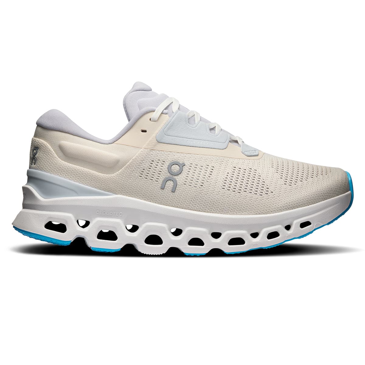 Right side view of the On Cloudstratus 3 Cream-Arctic women’s running shoe #color_cream-arctic