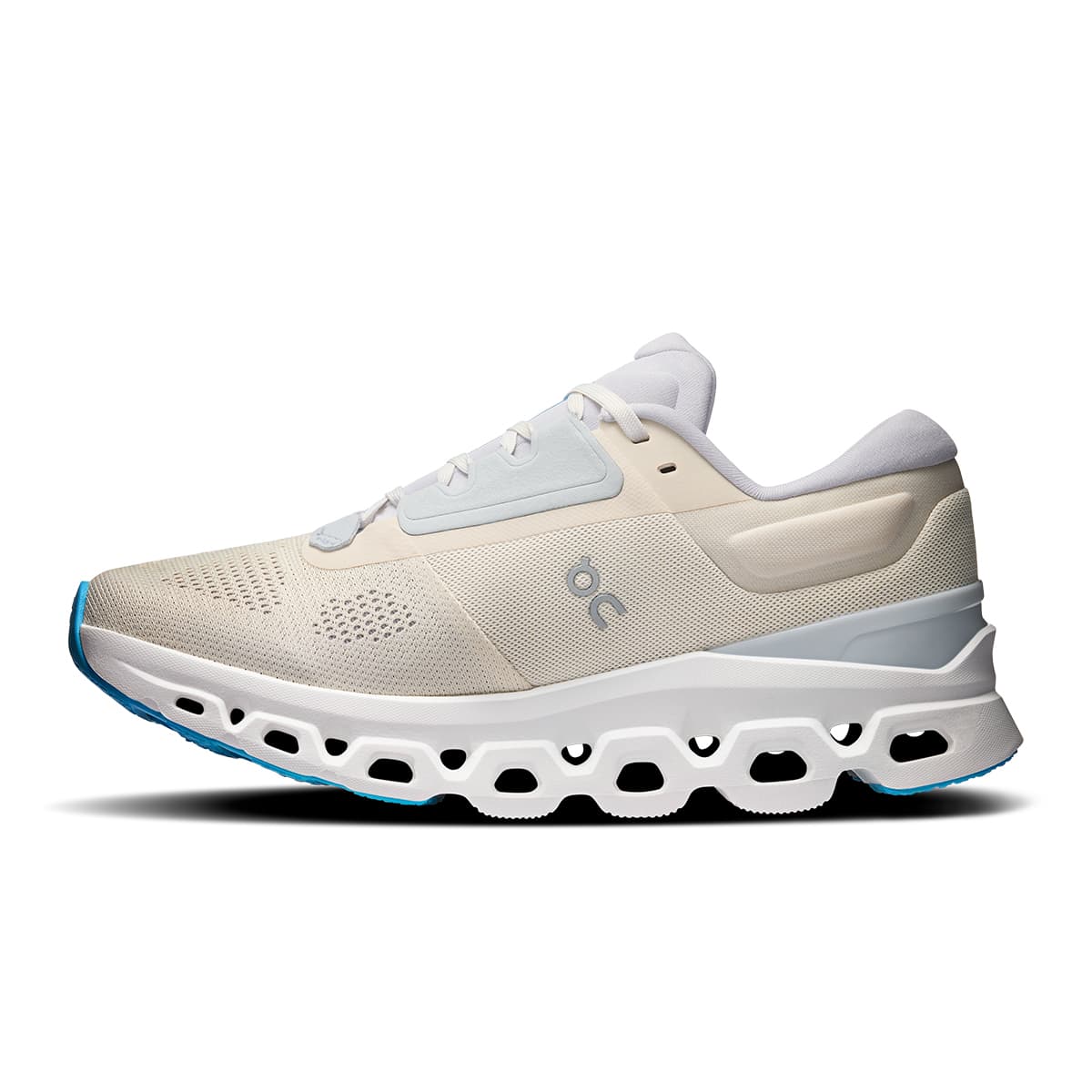 Left side view of the On Cloudstratus 3 Cream-Arctic women’s running shoe #color_cream-arctic