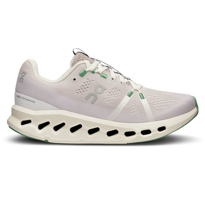 Right side view of the On Cloudsurfer 7 Pearl-Ivory women’s running shoe 