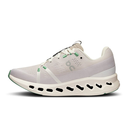 Left side view of the On Cloudsurfer 7 Pearl-Ivory women’s running shoe 